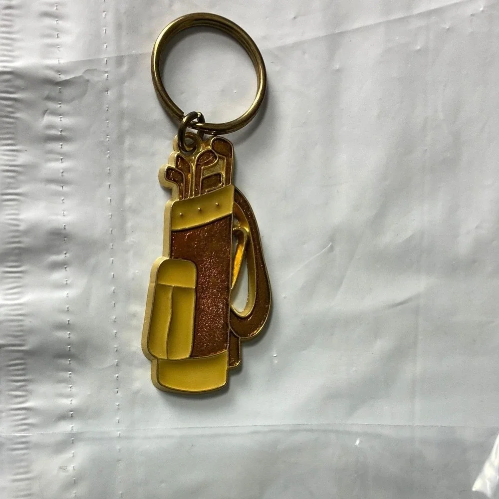 Golf Bag With Clubs Keychain Charm Gold Tone Metal Ring‎ Bag Charms